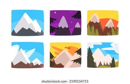 Mountain Peak and Summit Picture View with Sky and Trees Vector Set