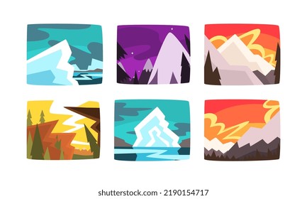 Mountain Peak and Summit Picture View with Sky and Trees Vector Set