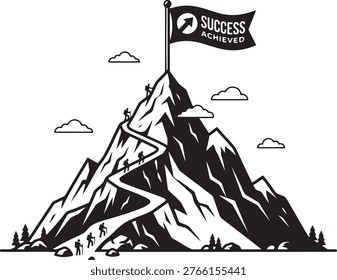 Mountain peak summit reached with success achieved flag and winding path