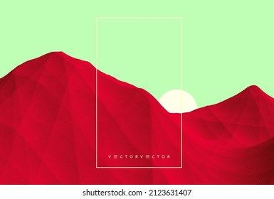 Mountain peak. Sunrise. Digital background with particles. Pointillism. 3D vector illustration for brochure, magazine, poster, presentation, flyer or banner.