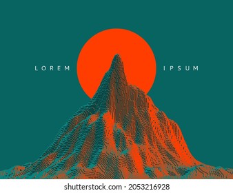 Mountain peak. Sunrise. Futuristic technology backdrop in a voxel art style. Cyberspace concept. 3D vector illustration for brochure, magazine, poster, presentation, flyer or banner.