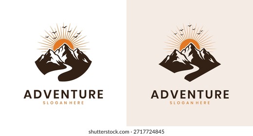 Projeto do logotipo do pico da montanha e do pôr do sol. Aventura exterior