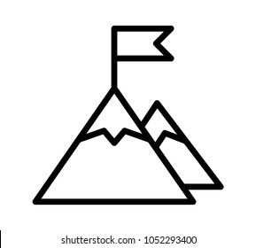 Mountain Peak Top With Flag Or Goal With High Ambitions Line Art Vector Icon For Apps And Websites