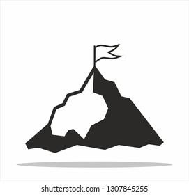 Mountain peak top with flag or goal with high ambitions,  linear style, outline vector sign on white background