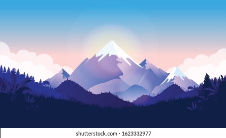 Mountain peak vector illustration. Sun shining behind the summit in beautiful nature scenery. Snow on hilltop, clouds in background, forest in front. Landscape, scene, environment background.