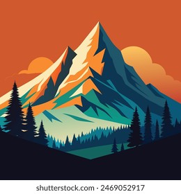 Paisaje de montaña con luz suave al amanecer. Fondo plano de la Ilustración vectorial 2d. Plantilla de diseño, Plantilla de fondo y Plantilla de diseño turístico