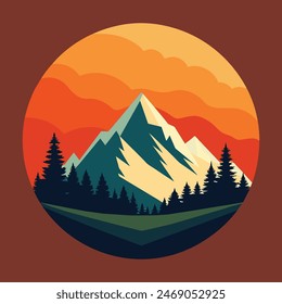 Berggipfel Aussicht Landschaft mit Sonnenaufgang weiches Licht. Flacher 2D-Vektorillustration-Hintergrund. Design-Vorlage, Hintergrund-Vorlage und Tourismus-Design-Vorlage