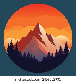 Berggipfel Aussicht Landschaft mit Sonnenaufgang weiches Licht. Flacher 2D-Vektorillustration-Hintergrund. Design-Vorlage, Hintergrund-Vorlage und Tourismus-Design-Vorlage