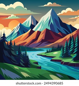 Mountain peak view landscape with sunrise soft light.vector illustration background. design template, background template, and tourism design template