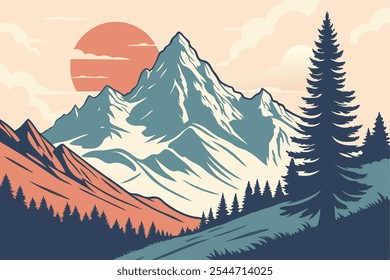 Paisagem com vista para o pico da montanha com luz suave do nascer do sol. Plano de fundo de ilustração vetorial 2d