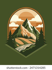 Retrato de la vista del pico de montaña con luz suave del sol. Fondo plano de la Ilustración vectorial 2d. Plantilla de diseño, Plantilla de fondo y Plantilla de diseño turístico