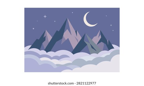 Mountain peaks above clouds moon vector design