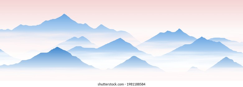 Mountain peaks above the clouds, morning fog. Vector illustration, banner.