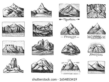 Mountain peaks badges. Set of labels for camping, hiking and hunting. Retro Outdoor adventures logo. Hand drawn engraved vintage old sketch. Collection of landscape .