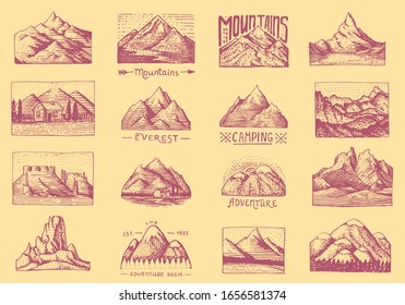 Mountain peaks badges. Set of labels for camping, hiking and hunting. Retro Outdoor adventures logo. Hand drawn engraved vintage old sketch. Collection of landscape .