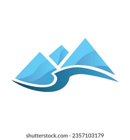 picos de montaña y ola de agua azul, icono del logotipo del vector