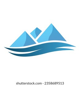 mountain peaks and blue water wave, vector logo icon