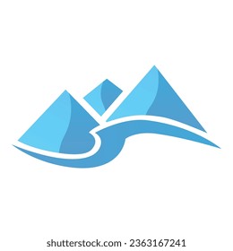 mountain peaks and blue water wave, vector logo icon