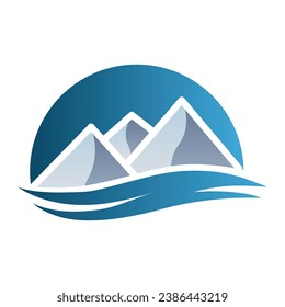 mountain peaks and blue water wave, vector logo icon