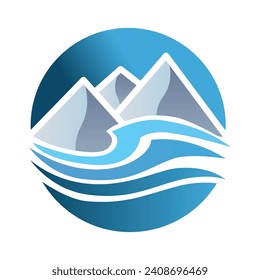 mountain peaks and blue water wave, vector logo icon