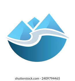 mountain peaks and blue water wave, vector logo icon