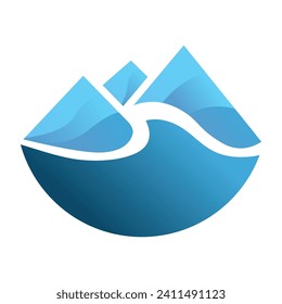 mountain peaks and blue water wave, vector logo icon