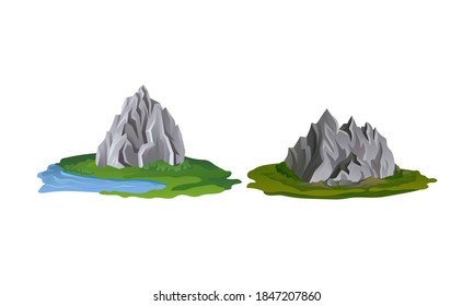Mountain Peaks with Cliff and Rock Rested on Green Surrounding Vector Set