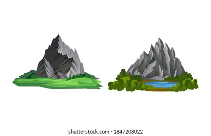 Mountain Peaks with Cliff and Rock Rested on Green Surrounding Vector Set