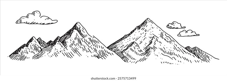 mountain peaks with clouds and rugged terrain hand-drawn sketch doodle