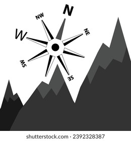 Mountain peaks with compass, silhouette outdoors adventure