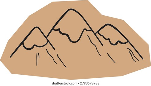 Mountain peaks drawn with bold lines on torn kraft paper cutout, rough edges and minimal details. Symbol of travel, adventure, and nature journaling for hiking memories. Cartoon vector illustration.