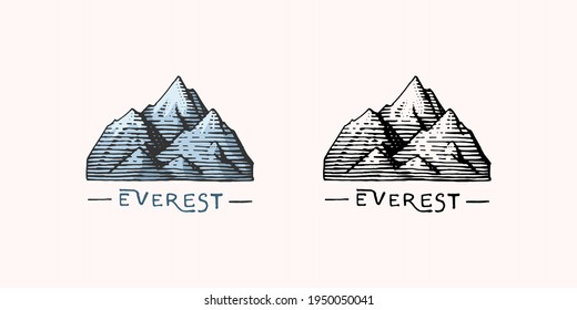 Mountain peaks emblem. Engraved vintage, hand drawn, old, label or badges for camping, hiking, hunting logo, from south to north.