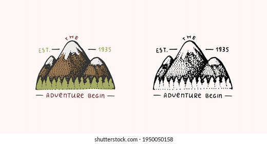 Mountain peaks emblem. Engraved vintage, hand drawn, old, label or badges for camping, hiking, hunting logo, from south to north.