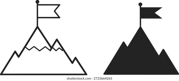 Mountain peaks with flags on top, symbolizing achievement and success in a simple illustration	