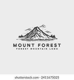 Mountain peaks, forest, cloud, tree vintage vector design logo minimallist