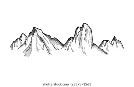 mountain peaks Hand drawn vector illustration. Outdoor camping background in sketch style. Landscape.