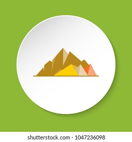 Mountain peaks icon in flat style. High rocks symbol isolated on round button