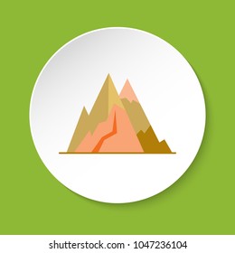 Mountain peaks icon in flat style. High rock symbol isolated on round button