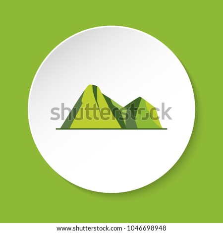 Mountain peaks icon in flat style. Colorful rocks symbol isolated on round button