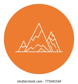 Mountain peaks icon in thin line style. Sharp rocks symbol in round frame.