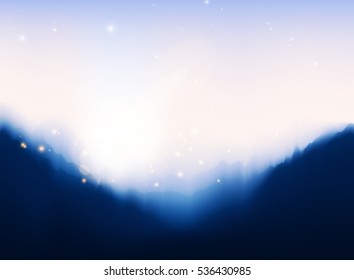 Mountain peaks illustration, Golden glowing lights effects. Graphic concept for your design