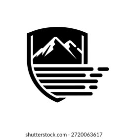 Picos de montanha dentro do escudo com linhas de velocidade de movimento silhueta ilustração vetor para esportes de aventura ao ar livre e marca de logística
