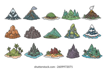 Mountain peaks and island vector illustration set