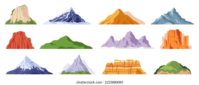 Mountain peaks isolated flat design. Cliff relief, mountains silhouette with snowy peak. Landscape green hill and rock, racy hiking travel nature vector set