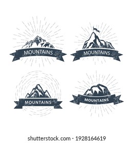 Mountain peaks labels and emblems, rock top, ski resort icon, vector