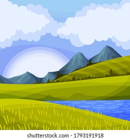 Mountain Peaks, Lake and Grassy Hills as Green Landscape Vector Illustration