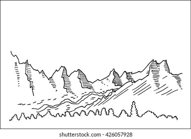Mountain peaks landscape  with tree forest hand drawn sketch vector illustration