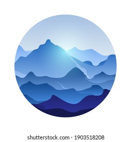 Gebirgsgipfel Landschaft Vektorgrafik im runden Rahmen. Kann für Bergsteigen und Reisen, Outdoor-Erholung und Urlaubskonzepte verwendet werden.