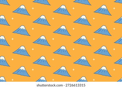 Picos de montanha com padrão de luz sobre fundo amarelo. Padrão de ilustração de montanha repetitivo com picos azuis. Padrão amarelo sem emenda com ilustrações de paisagem de montanha