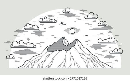 Mountain peaks line art vector illustration isolated on white, linear illustration of mountains range wild nature landscape, outdoor hiking camping ant travel theme.